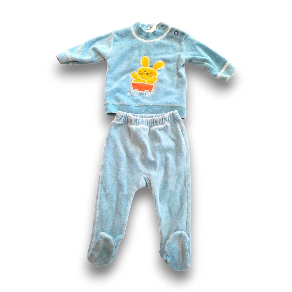 Vintage 80s Carter's Outfit Footie Pajamas Set Blue Velour Bunny Baby Boy 3m